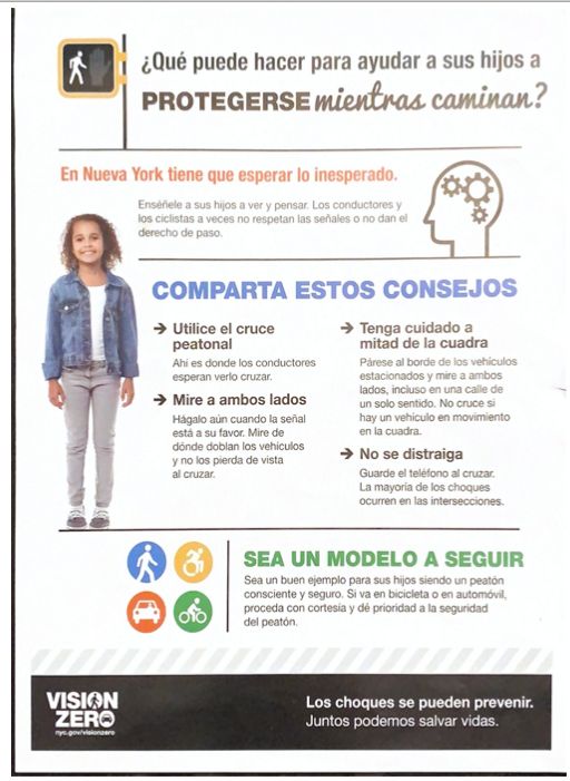 The same Vision Zero walking-safety flyer in Spanish: ¿Qué puede hacer para ayudar a sus hijos a protegerse mientras caminan?