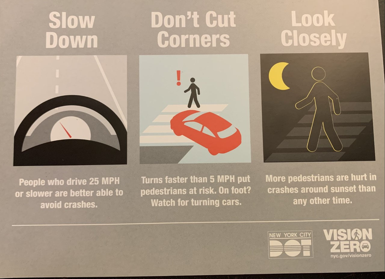 Vision Zero flyer for drivers: Slow Down, Don't Cut Corners, Look Closely.