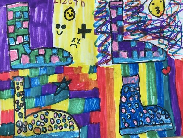 Student pop art drawing of four boots in bright colors and patterns, in the style of Andy Warhol