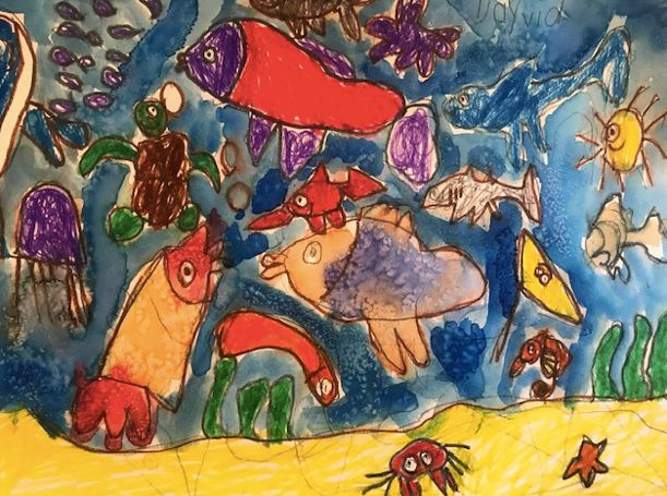 Student under-the-sea drawing of fish, a turtle and a jellyfish with a blue watercolor wash