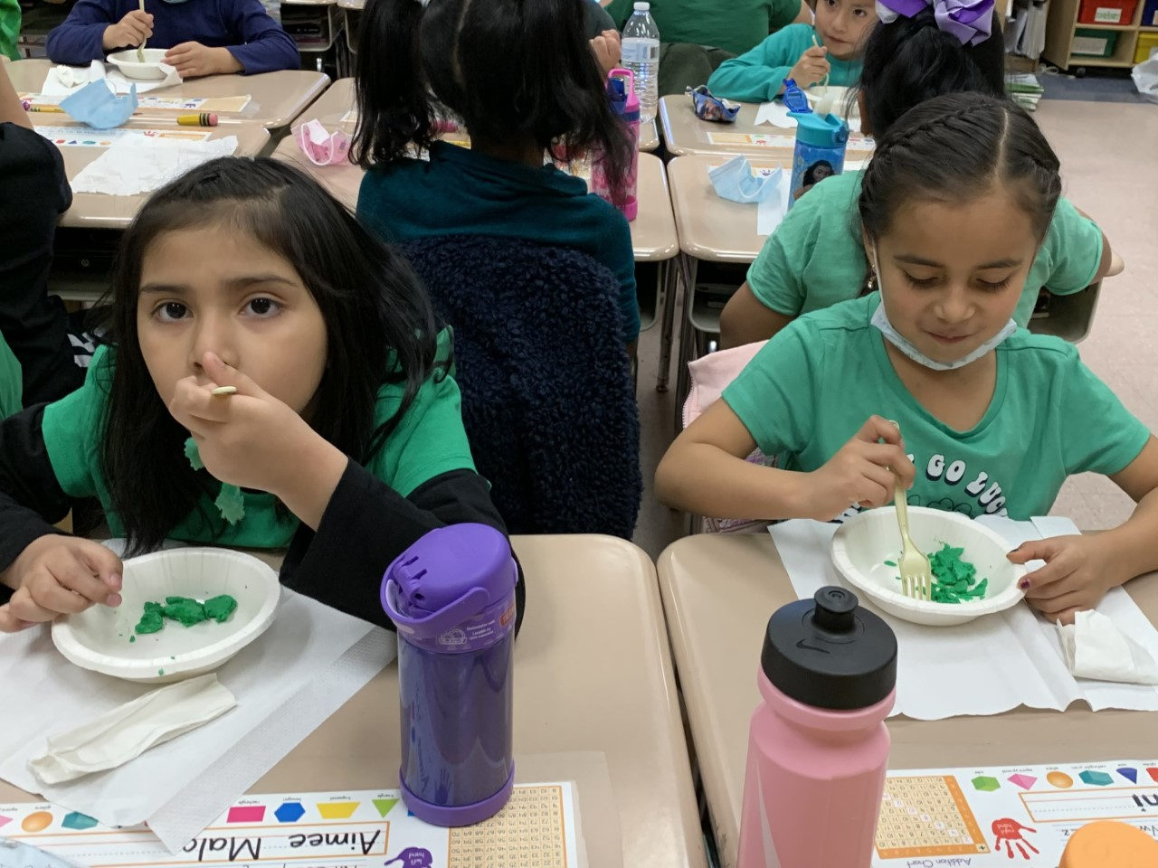 Students eating green eggs at their desks