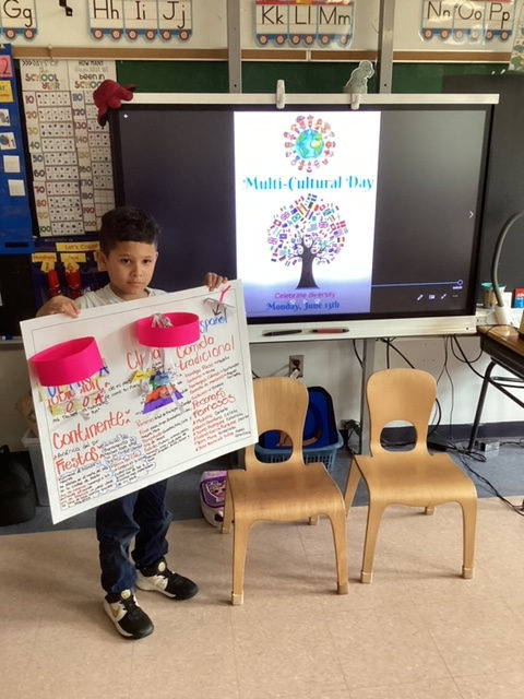 Student holding up a country poster on Multicultural Day