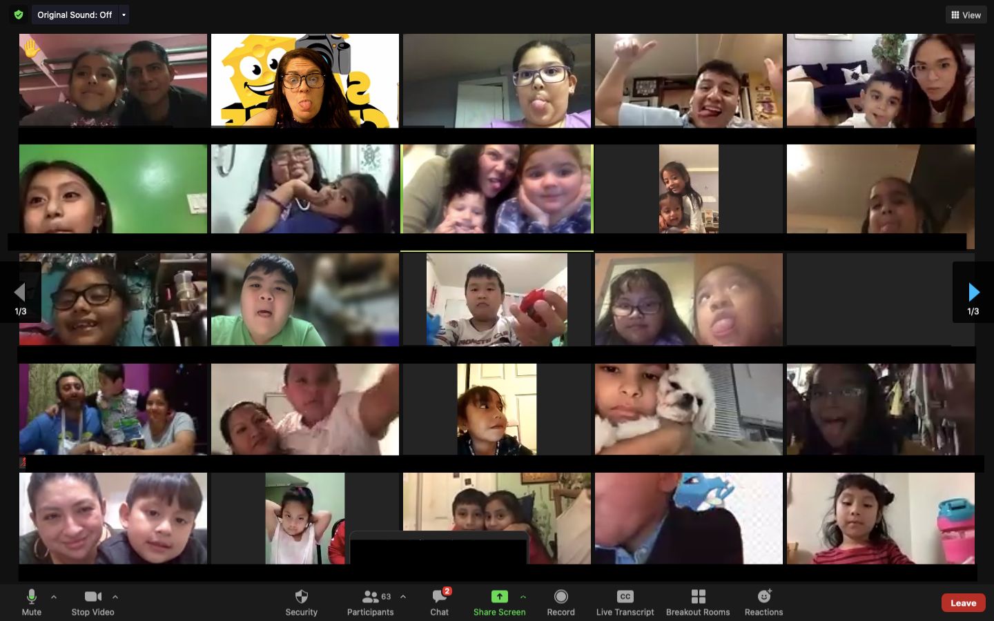Screenshot of a class video call with many students