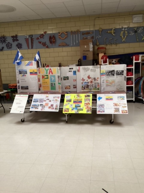 Country project posters displayed on tables with small flags