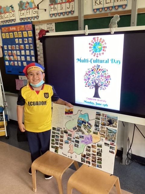 Student in an Ecuador jersey presenting a photo poster
