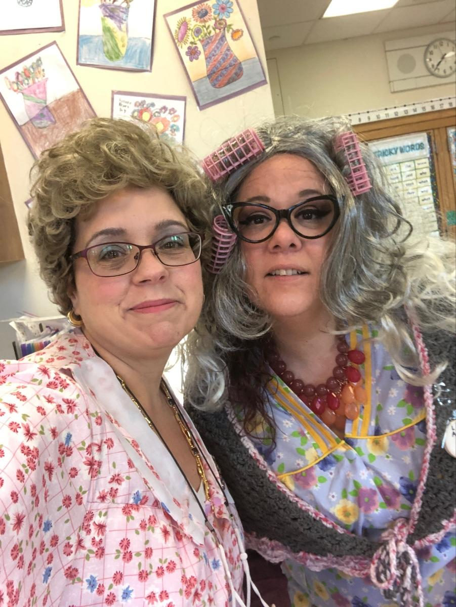 Two teachers dressed as grandmothers