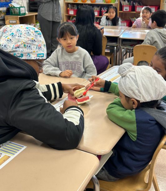 Visitor in a scrub cap working with students on a tooth model