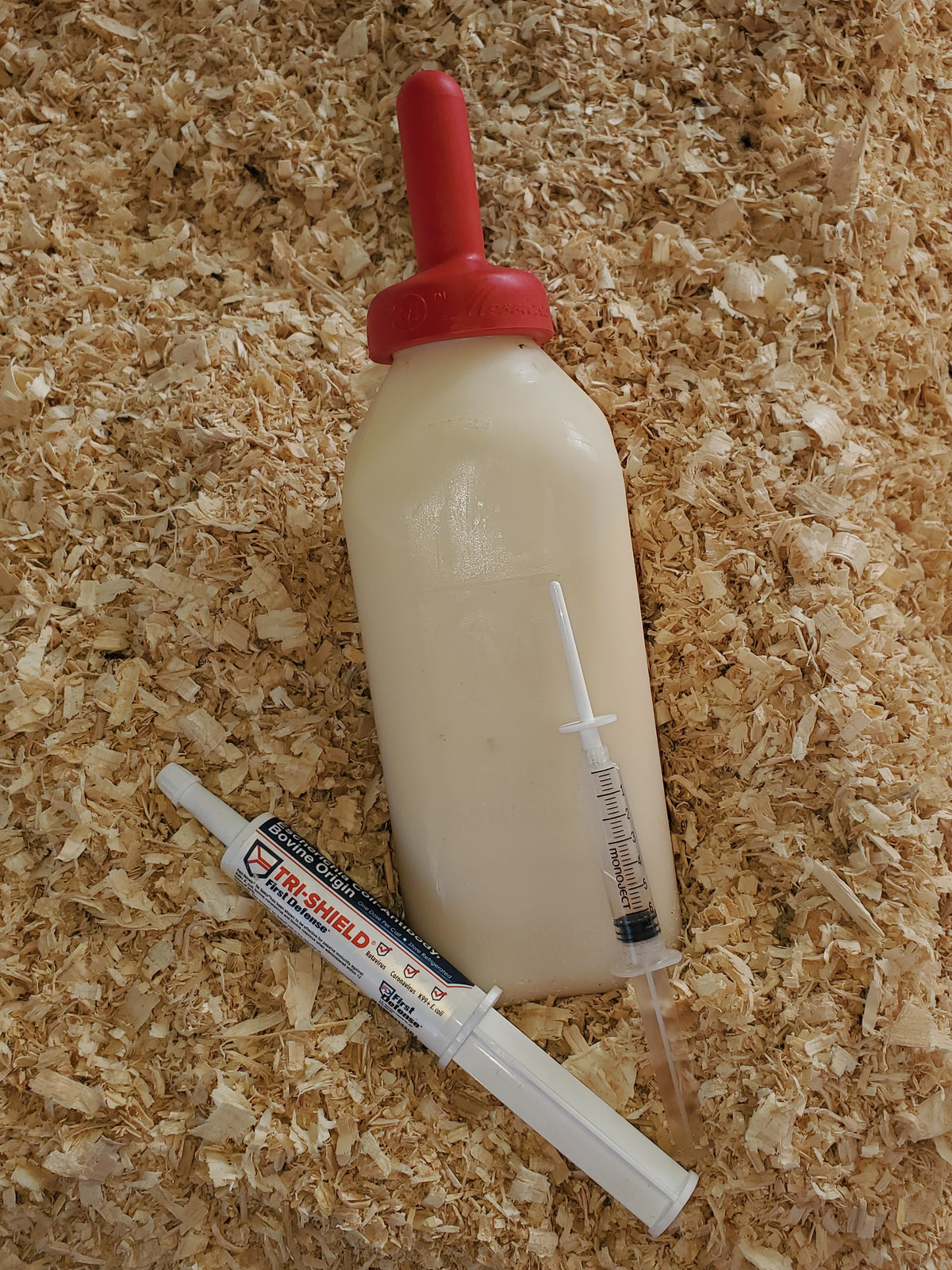 A bottle of colostrum and supplies for a newborn calf