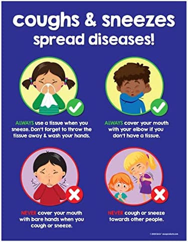 Poster: Coughs and sneezes spread diseases! Use a tissue or cover your mouth with your elbow; never cough into bare hands or toward other people.