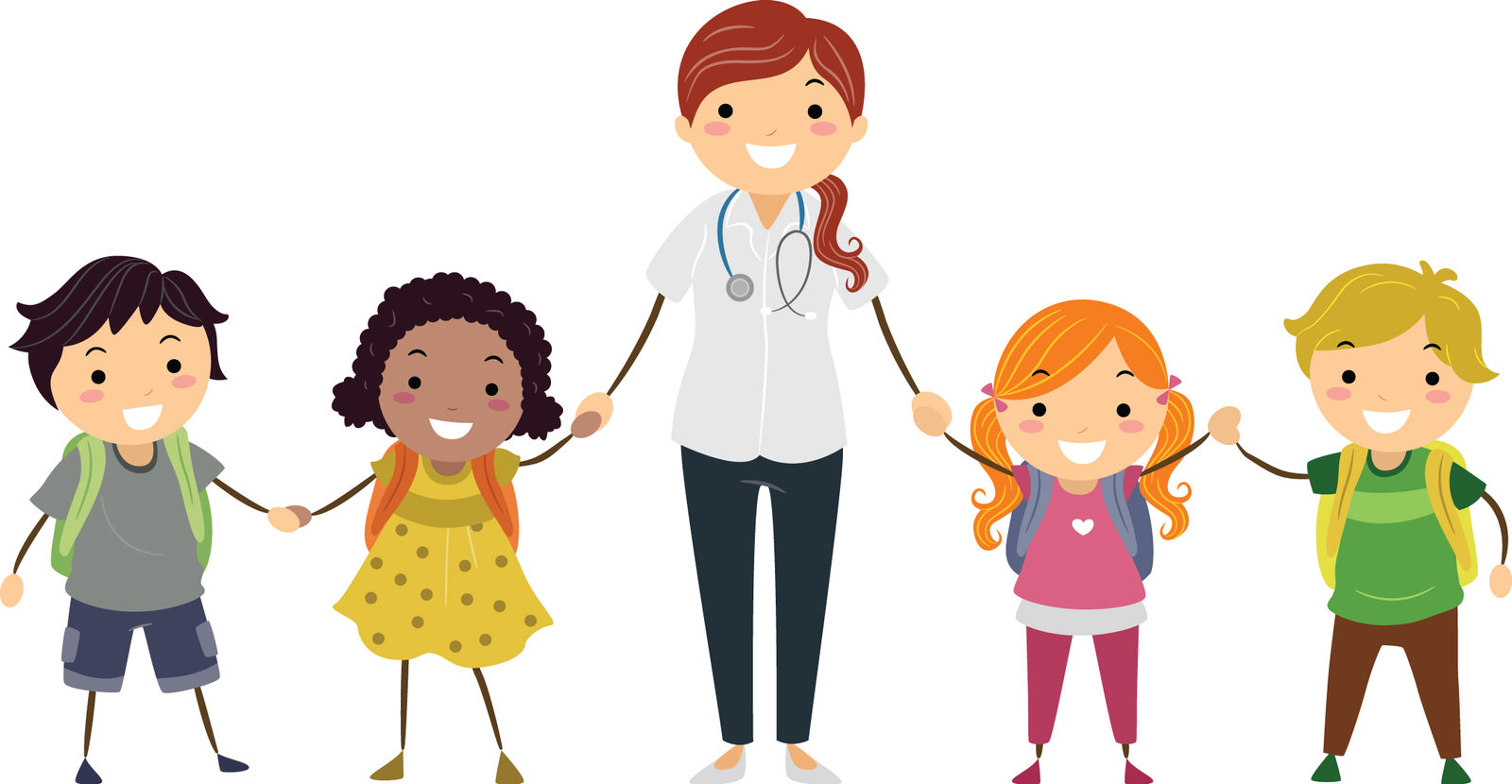 Illustration of a school nurse with a group of children