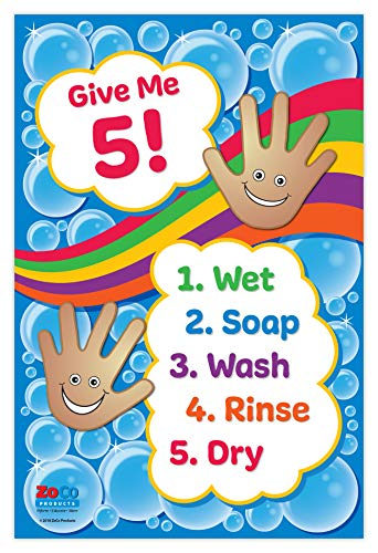 Handwashing poster: Give Me 5! 1. Wet, 2. Soap, 3. Wash, 4. Rinse, 5. Dry