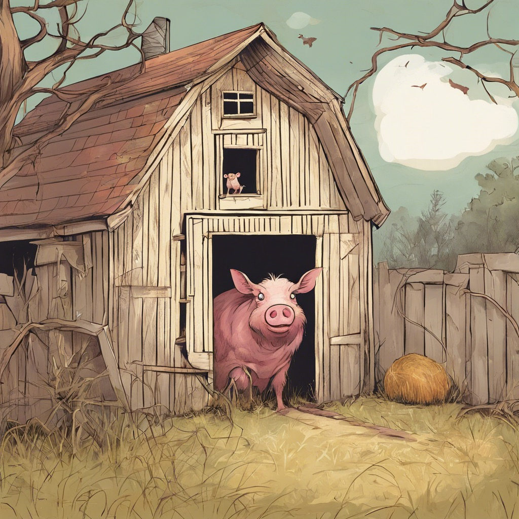 Illustration of a pig peeking out of a wooden barn