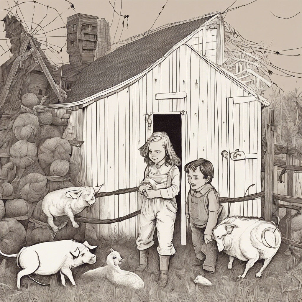 Sketch of Fern and a boy with pigs and a goose outside a barn