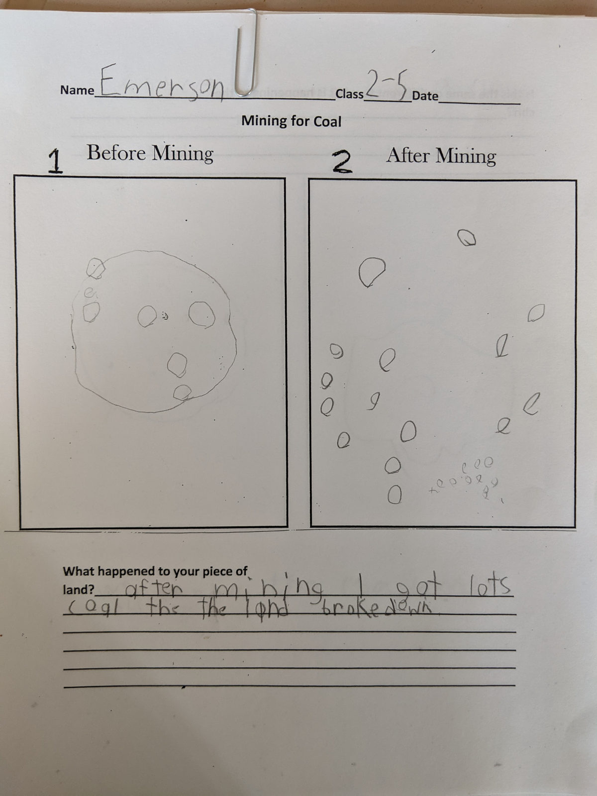 Student worksheet comparing a cookie before and after mining for coal