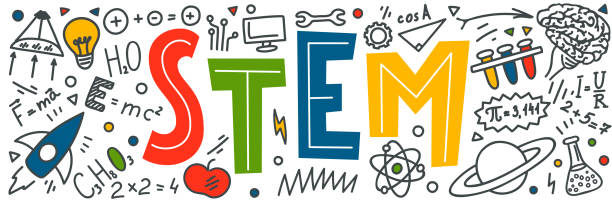 The word STEM in bright letters surrounded by science and math doodles