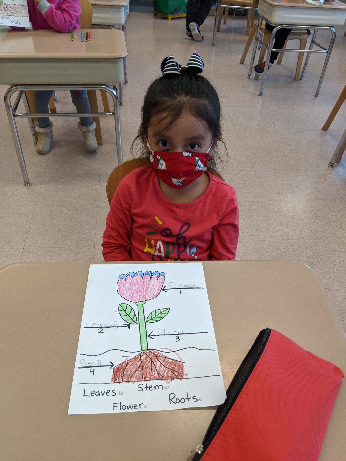 Student with her labeled drawing of a plant's leaves, stem, flower and roots