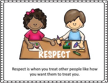 Two children sharing crayons: Respect is when you treat other people like how you want them to treat you.