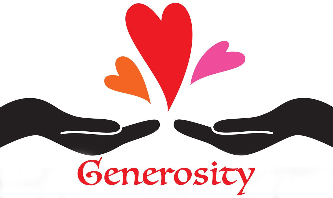 Generosity: two open hands beneath floating hearts