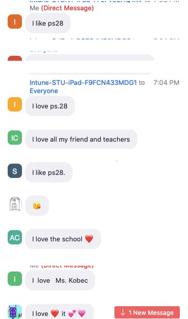 Chat messages from students during Family Fun Night, including “I love all my friend and teachers” and “I love the school”