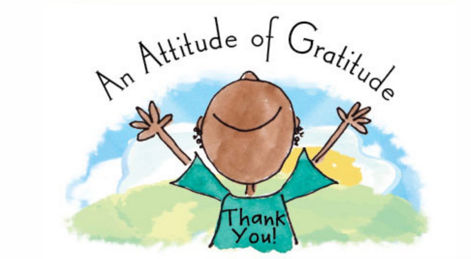 An Attitude of Gratitude: a smiling child with arms raised wearing a Thank You shirt