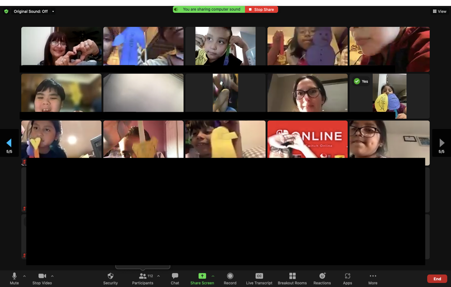 Families and students on a video call during a virtual SEL Family Fun Night