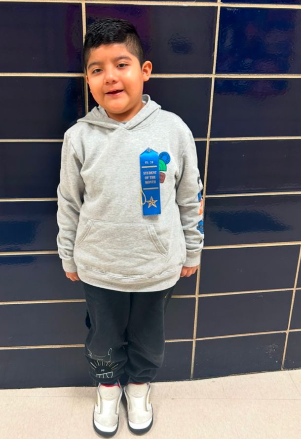 Student ambassador in a gray hooded sweatshirt wearing a blue award ribbon