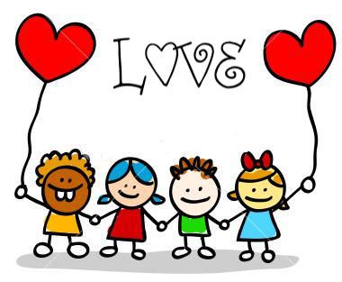 The word LOVE with heart balloons above four smiling children holding hands