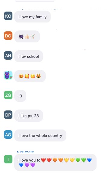 Chat messages from students during Family Fun Night, including “I love my family” and “I luv school”