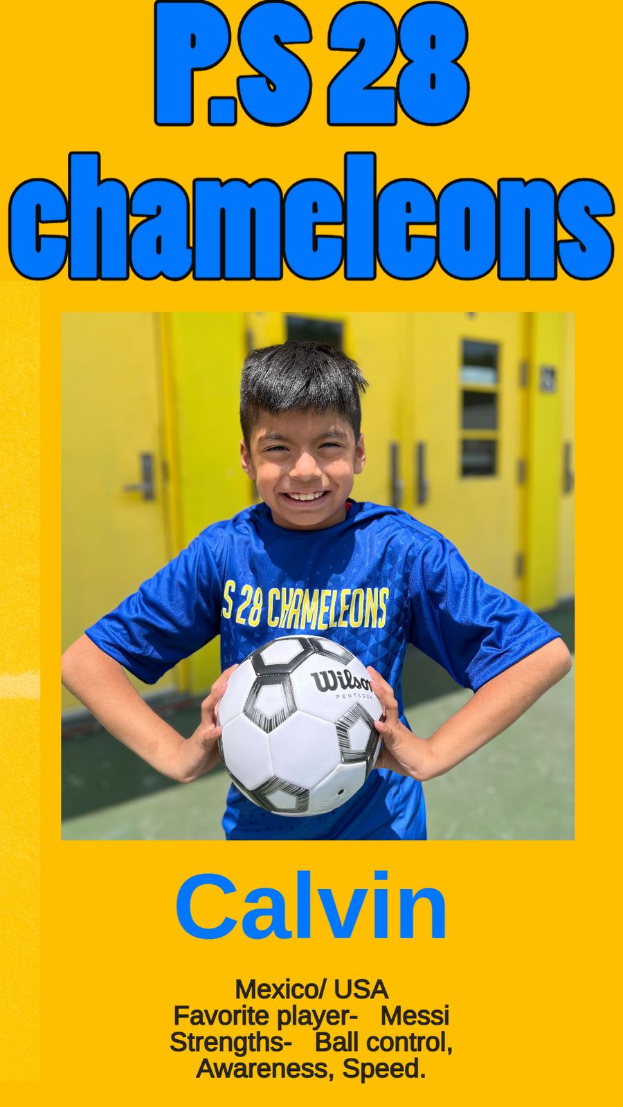 Calvin in the blue P.S. 28 Chameleons jersey