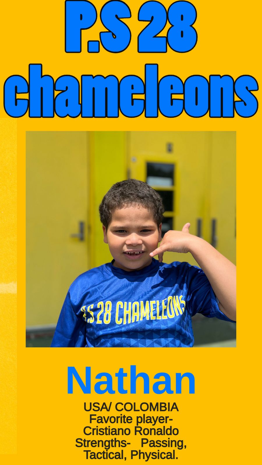 Nathan in the blue P.S. 28 Chameleons jersey
