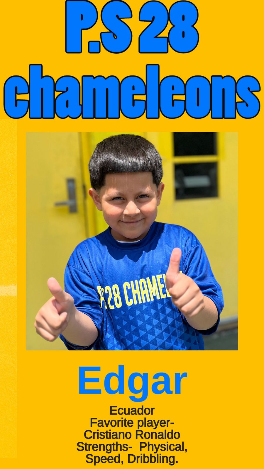 Edgar in the blue P.S. 28 Chameleons jersey