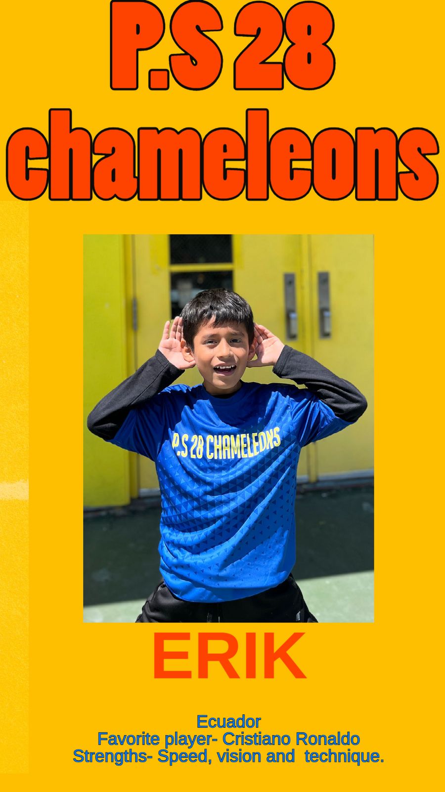 Erik in the blue P.S. 28 Chameleons jersey
