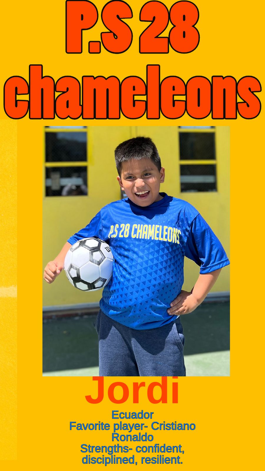 Jordi in the blue P.S. 28 Chameleons jersey