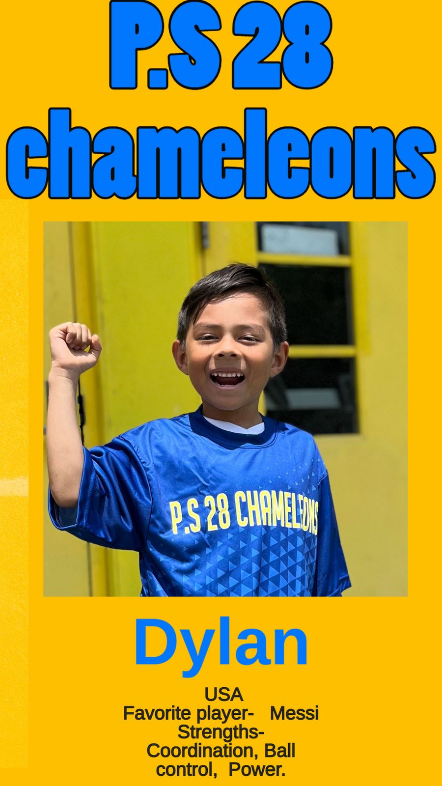 Dylan in the blue P.S. 28 Chameleons jersey