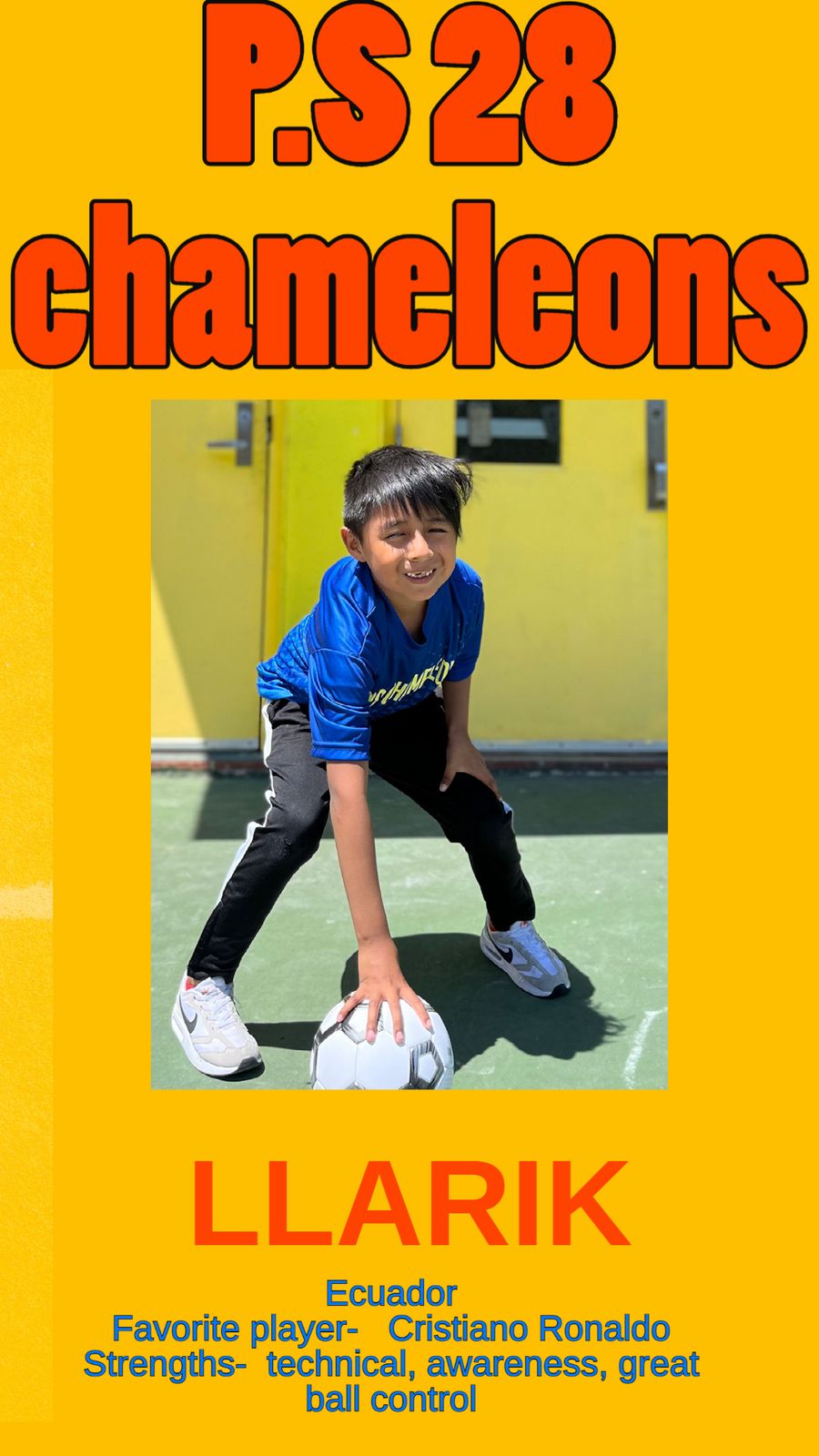 Llarik in the blue P.S. 28 Chameleons jersey