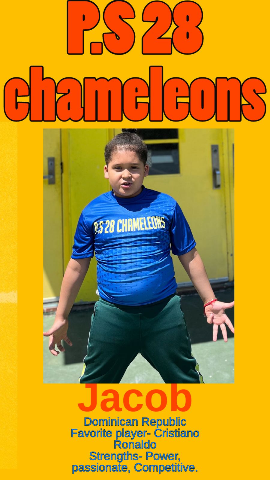 Jacob in the blue P.S. 28 Chameleons jersey