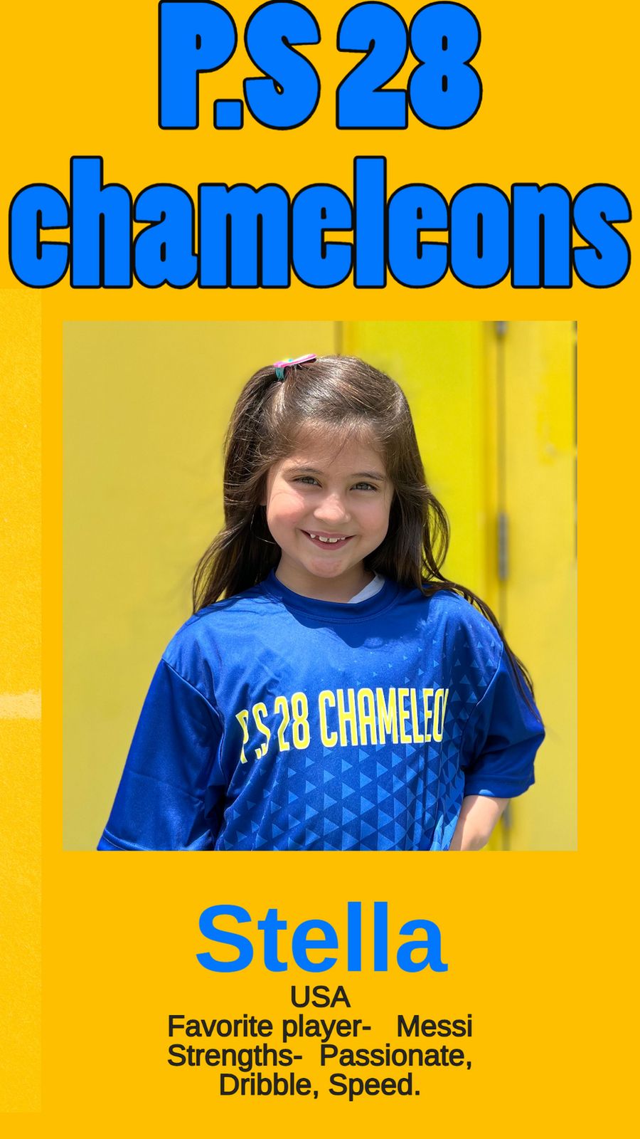 Stella in the blue P.S. 28 Chameleons jersey