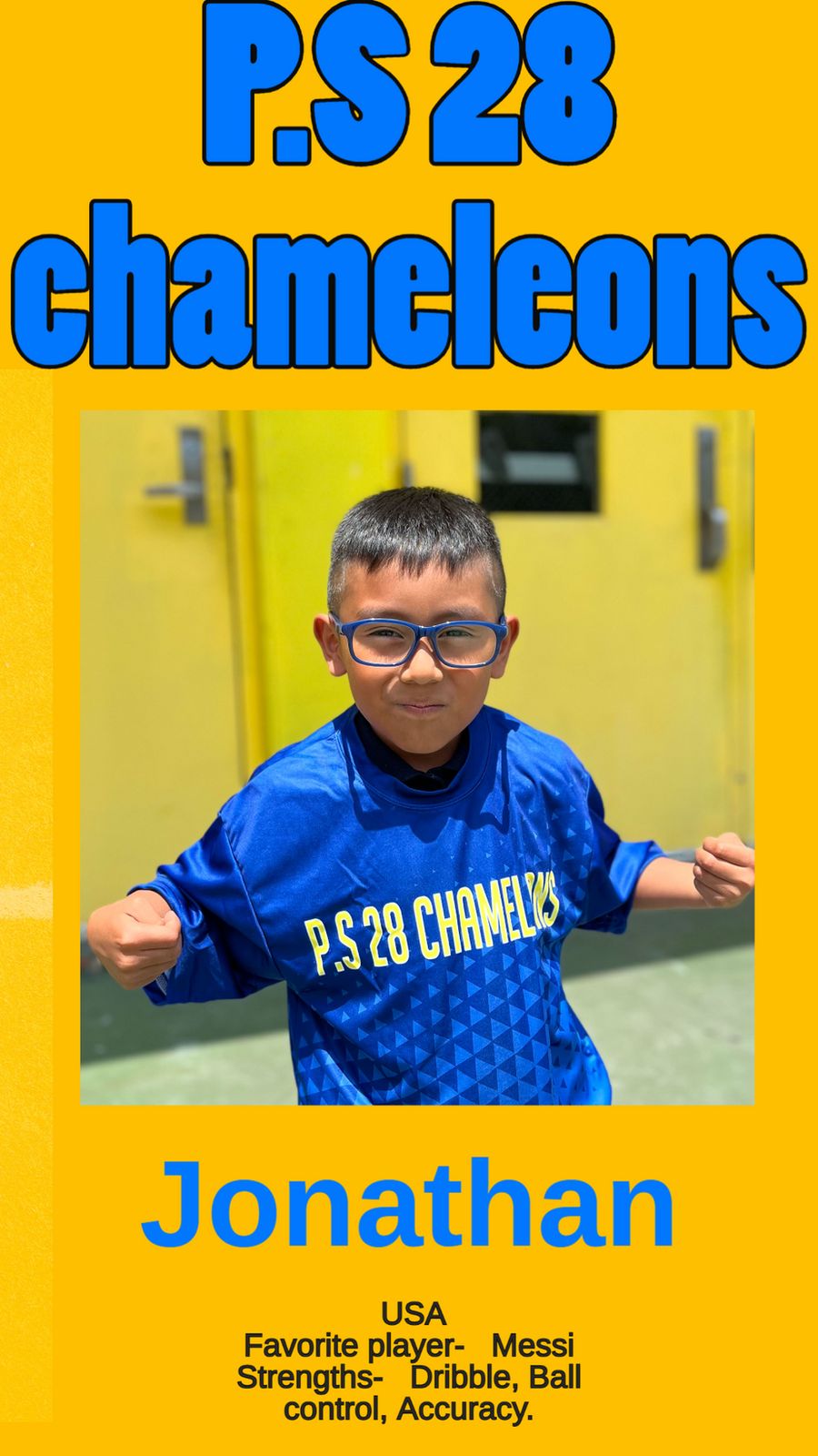 Jonathan in the blue P.S. 28 Chameleons jersey