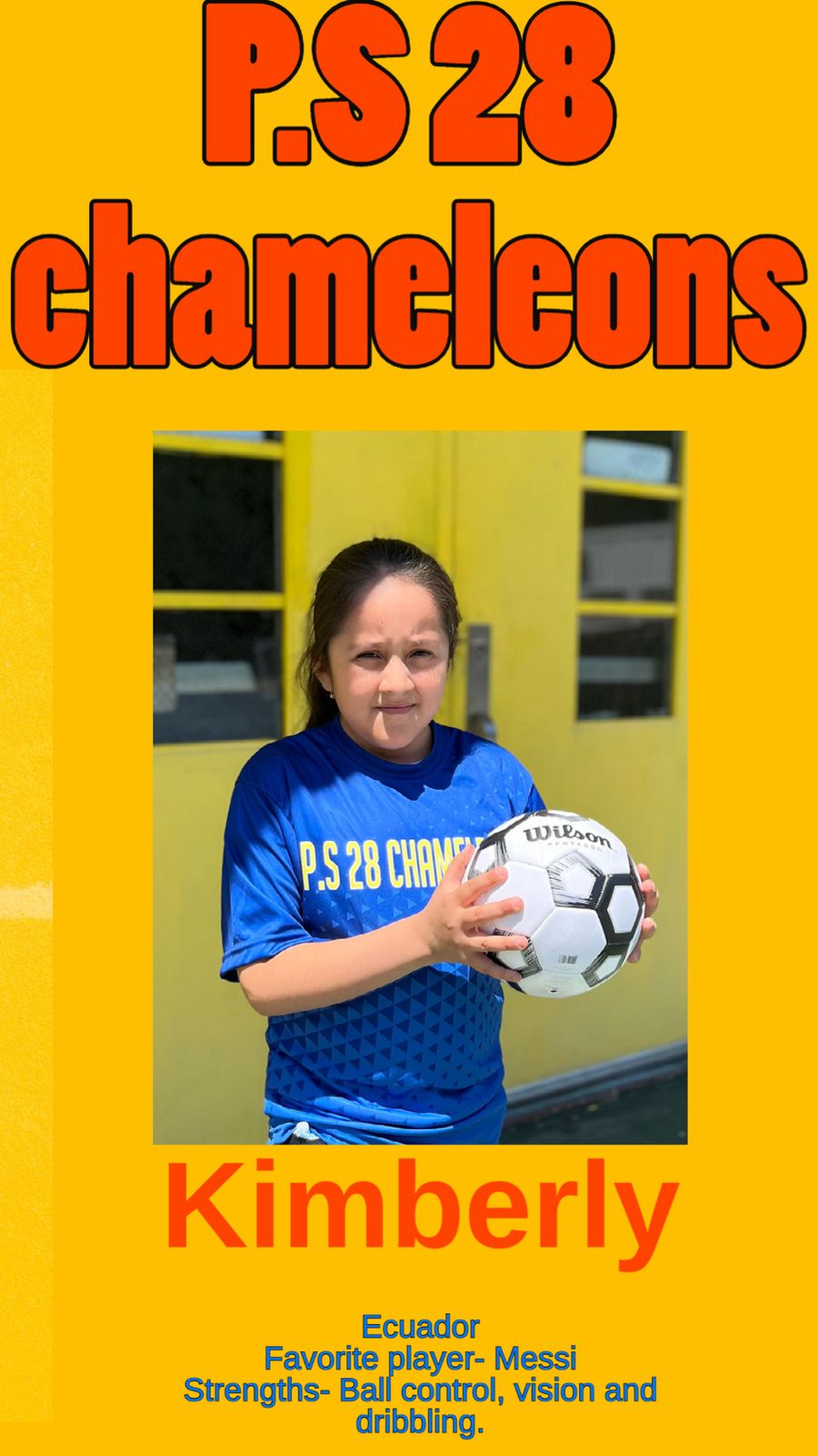 Kimberly in the blue P.S. 28 Chameleons jersey