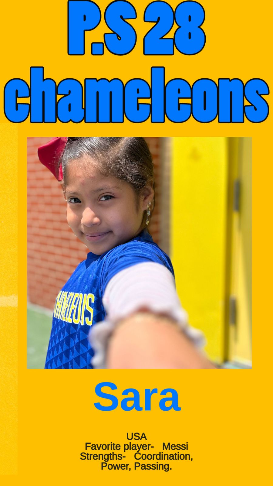 Sara in the blue P.S. 28 Chameleons jersey