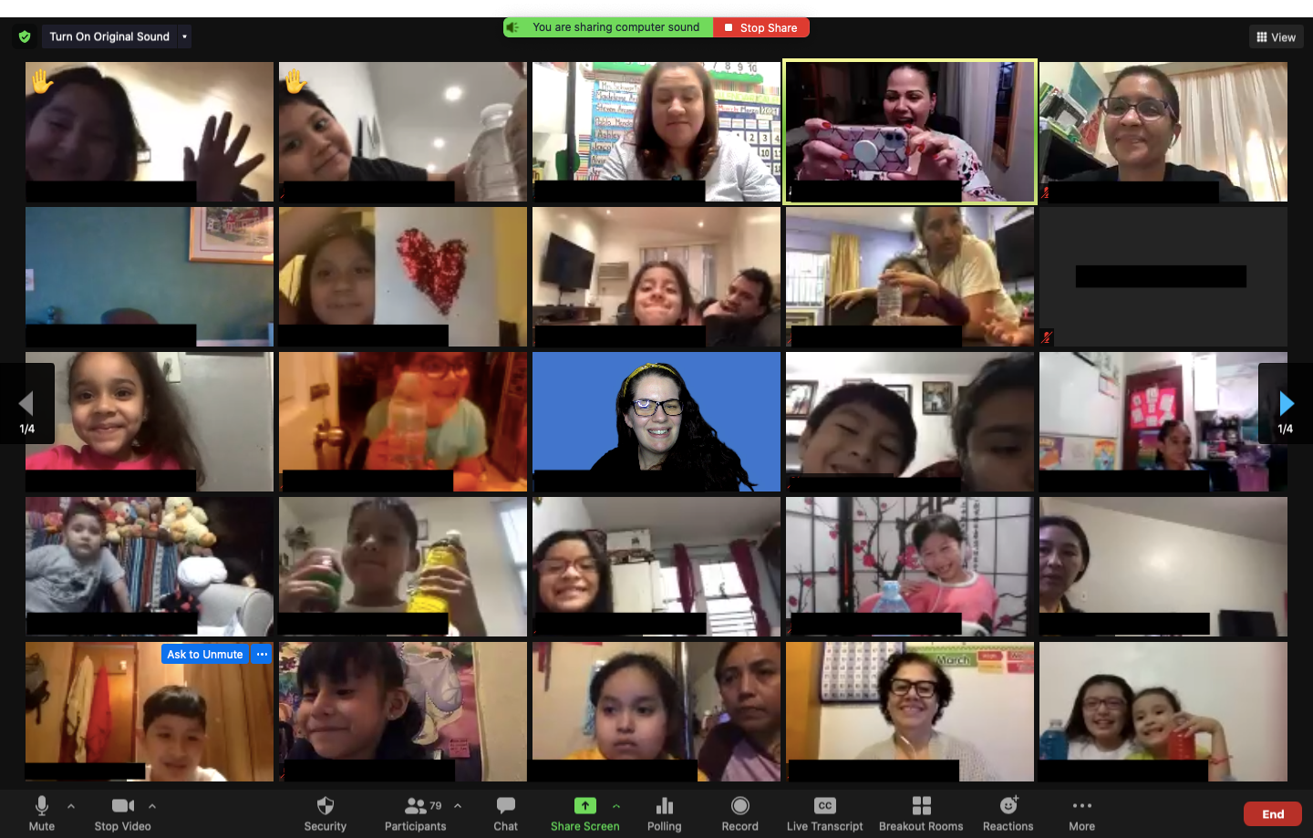 Screenshot of students, families and staff together on a video call for Family Fun Night
