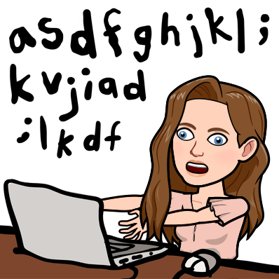 Diana's Bitmoji looking frustrated at a laptop, with scrambled letters above her