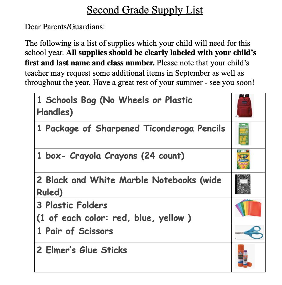 Second grade supply list, page 1: school bag, Ticonderoga pencils, Crayola crayons, marble notebooks, plastic folders, scissors and glue sticks