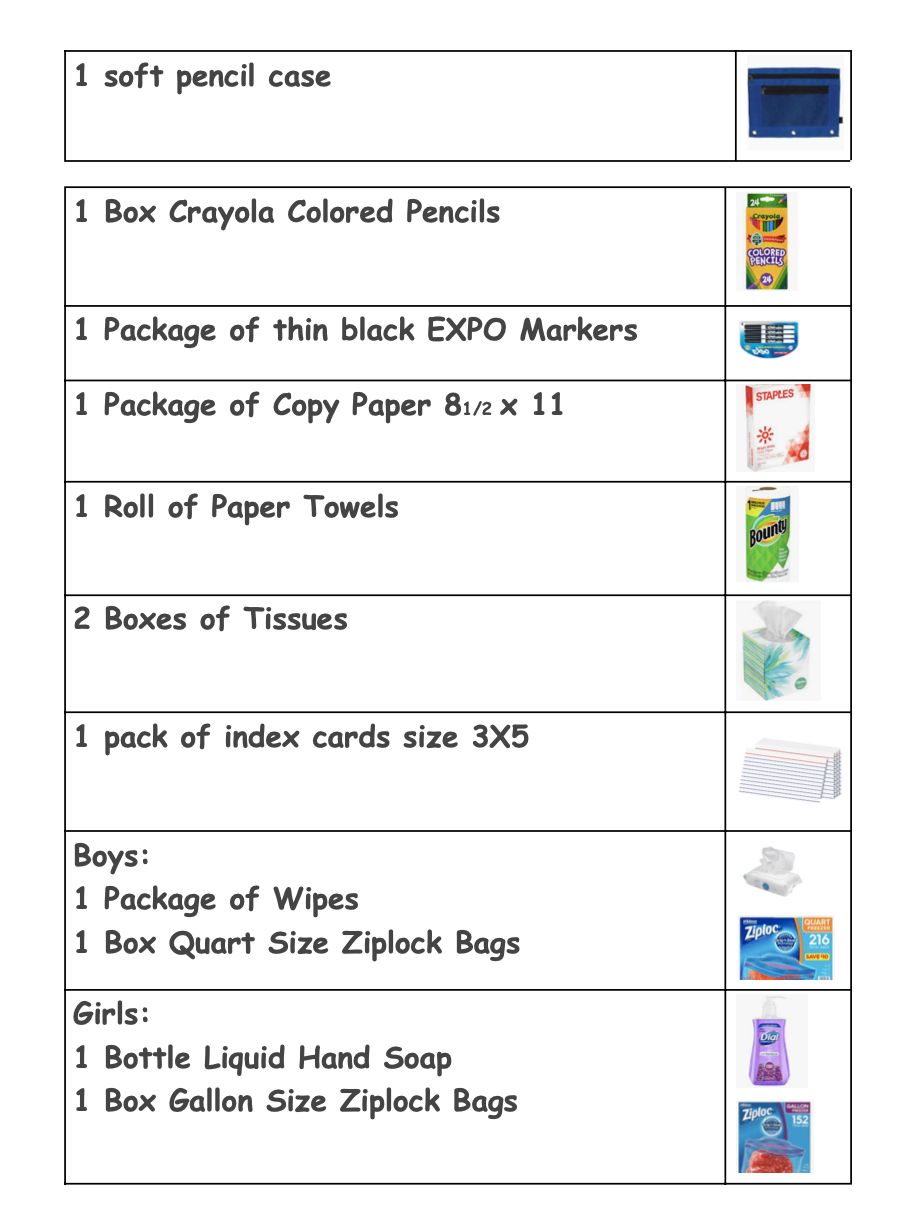 Second grade supply list, page 2: pencil case, colored pencils, EXPO markers, copy paper, paper towels, tissues, index cards, and wipes, bags or hand soap for boys and girls