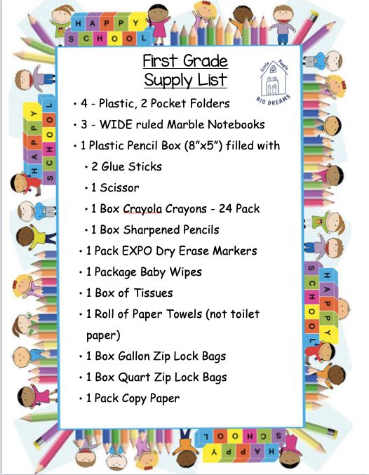 First grade supply list in English