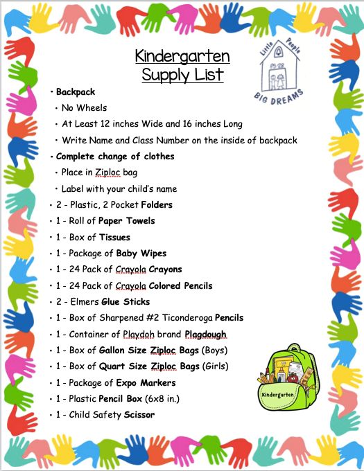 Kindergarten supply list in English